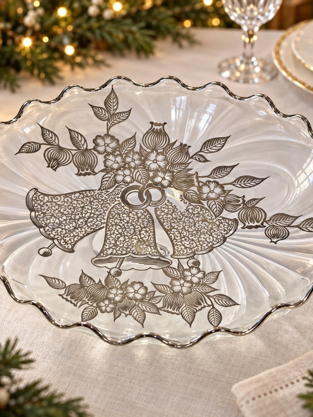 Vtg Silver City Sterling on Crystal Christmas Bells Scalloped Serving Platter